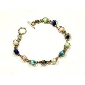 MEXICO STERLING SILVER 925 MULTI-COLOR STONES CAT'S EYE 7.75" BRACELET TOGGLE EU